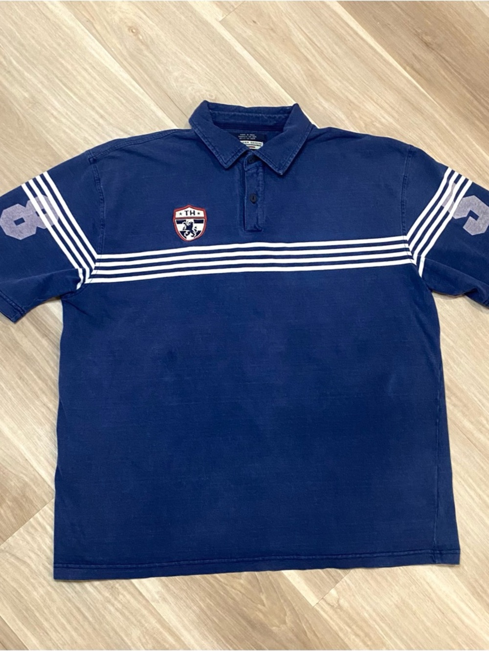 Tommy Hilfiger Navy Polo with White Chest Stripes Vintage XXL